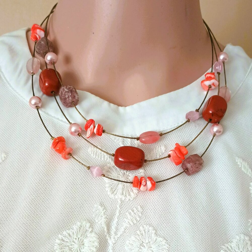 Style & Co Multi Stone Layered Necklace 18" Pink & Orange Tones Collar Necklace